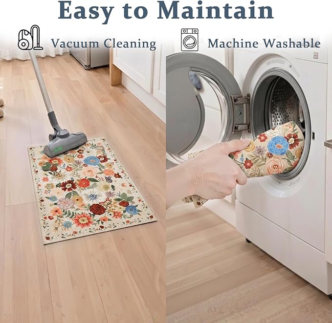 Area Rugs 24x17 Inch Home Decor Entry Rug, Small Door Mat Bath Mats for Bathroom, Ultra-Thin Non Slip Floral Rug Low Pile Tub Mat for Sink Shower Doorway Tub Kitchen Sink(2 x 1.4 ft, Beige)