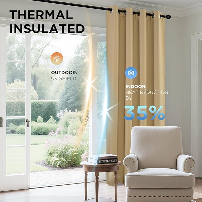 Joydeco Blackout Curtains 63 Inch Length 2 Panels Set, Thermal Insulated Long Curtains & Drapes 2 Burg, Room Darkening Grommet Drapes for Bedroom Living Room Windows (W42 x L63 Inch, Beige)