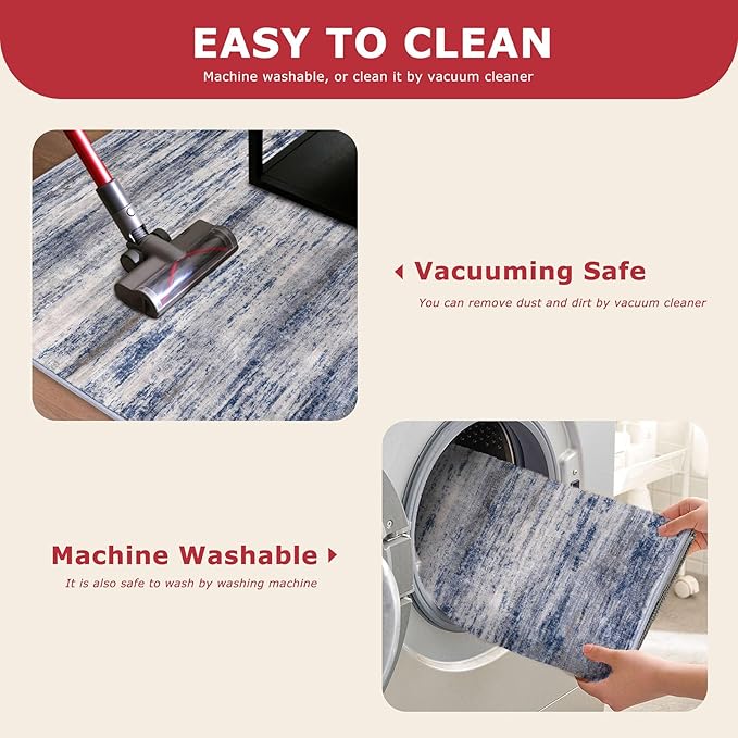 KOZYFLY Modern Abstract Circle Rug 3Ft, Washable Kitchen Round Rug Non-Slip Soft Small Bathroom Rug, Grey-Blue Striped Entryway Rugs Faux Wool Doormat for Bedside Entrance Bedroom Sink