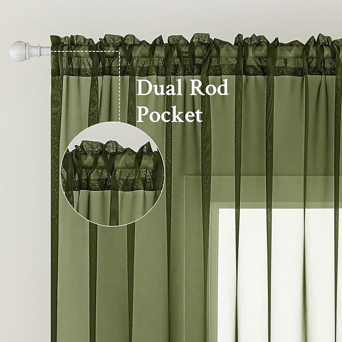 MIULEE 2 Panels Solid Color Sheer Window Curtains Elegant Window Voile Panels/Drapes/Treatment for Bedroom Living Room (54X45 Inches Olive Green)