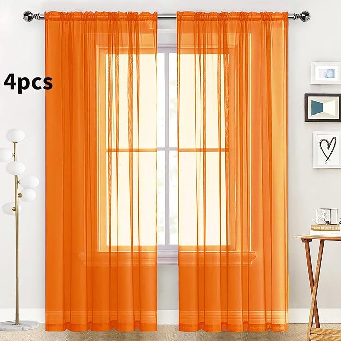 SpaceDresser Orange Sheer Curtains 4 Panels Rod Pocket Semi-Sheer Curtain 54 Inches Long Light Filtering Voile Window Drapes for Bedroom Living Room Kitchen, Each 52W x54L