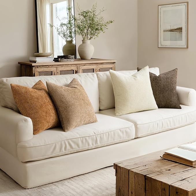 MIULEE Pack of 4 Brown Couch Throw Pillow Covers 20x20 Inch Soft Decorative Chenille Pillows Farmhouse Accent Cushions for Boho Home Decor Spring Sofa Bedroom Living Room