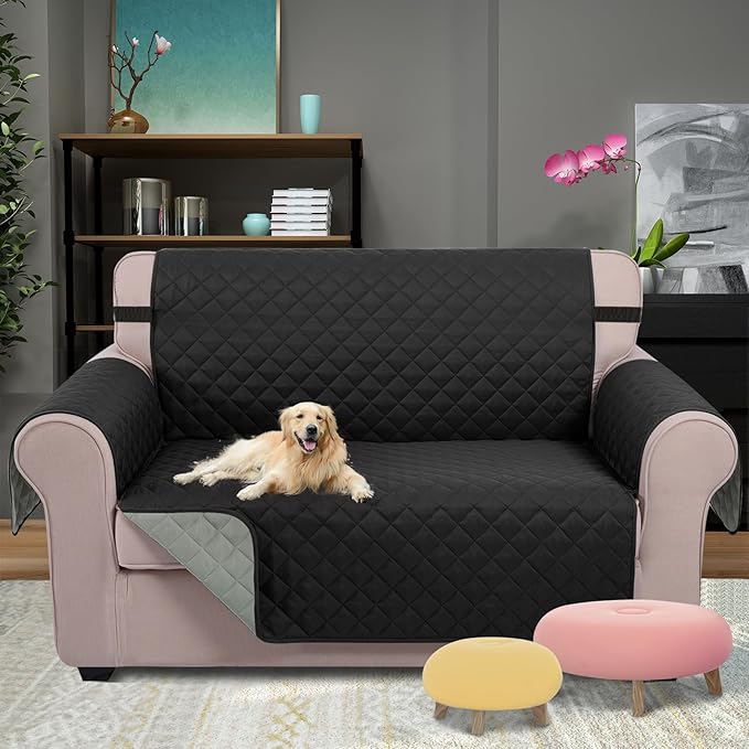 U-NICE HOME Loveseat Sofa Cover Reversible Couch Cover for Dogs Pets with Elastic Straps Water Resistant Furniture Protector for 2 Cushion Couch (Loveseat, Black/Grey)