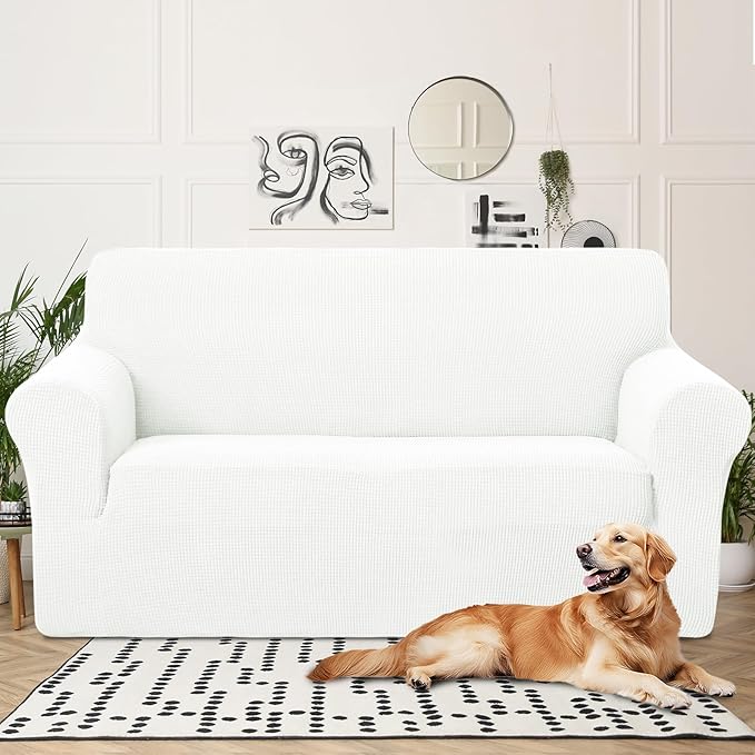 U-NICE HOME Oversized Stretch Loveseat Couch Cover Sofa Covers Washable Sofa Slipcover Furniture Protector for 2 Cushion Couch Sofa Pet Friendly, Ivory White