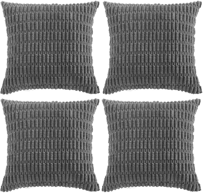 Fancy Homi 4 Packs Dark Grey Decorative Throw Pillow Covers 20x20 Inch for Living Room Couch Bed Sofa, Modern Farmhouse Boho Home Decor, Soft Plush Corduroy Square Cute Accent Cushion Case 50x50 cm