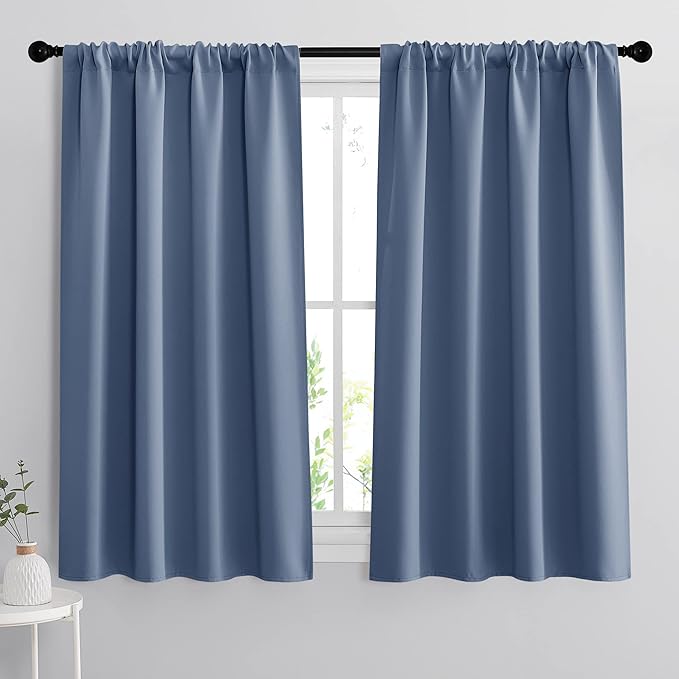 RYB HOME Short Blackout Curtains for Bedroom, Room Darkening Insulated Summer Heat Light UV Blocking Energy Saving Drapes for Nursery, Width 42 by Length 48, Stone Blue, Set of 2