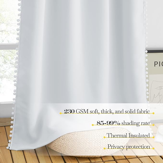 NICETOWN Pom Poms Trimming Blackout Curtains, Farmhouse Blackout Window Curtains Set of 2 Panels, Thick Thermal Insulated Vertical Drapes for Girls Boys Room Playroom, Greyish White, W52 x L84 inch