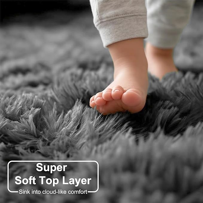 Amdrebio Grey Round Rugs 6Ft for Bedroom Living Room Decor, Fluffy Shaggy Circle Area Rug for Kids Room Classroom Playroom, Large Furry Floor Circular Gray Carpet for Teen Girls Boys Nursery Dorm