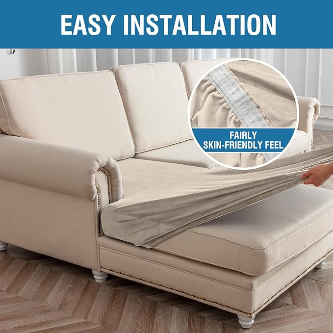 Couch Cover 6-Piece Elastic Velvet Couch Cushion Covers & Chaise Slipcovers for L-Shaped Sofas - Sofa Seat Covers Washable, Soft Protector for Couches (5 Seater + Chaise, Taupe)