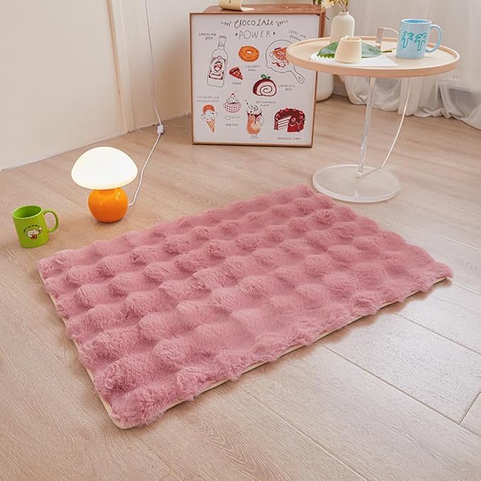 Pink Rabbit Plush Rug 2'x3', Fluffy Faux Fur Shaggy Area Rug for Nursery, Kids Room Decor, Soft Fuzzy Carpet for Living Room, Bedroom, Teen Girls Room
