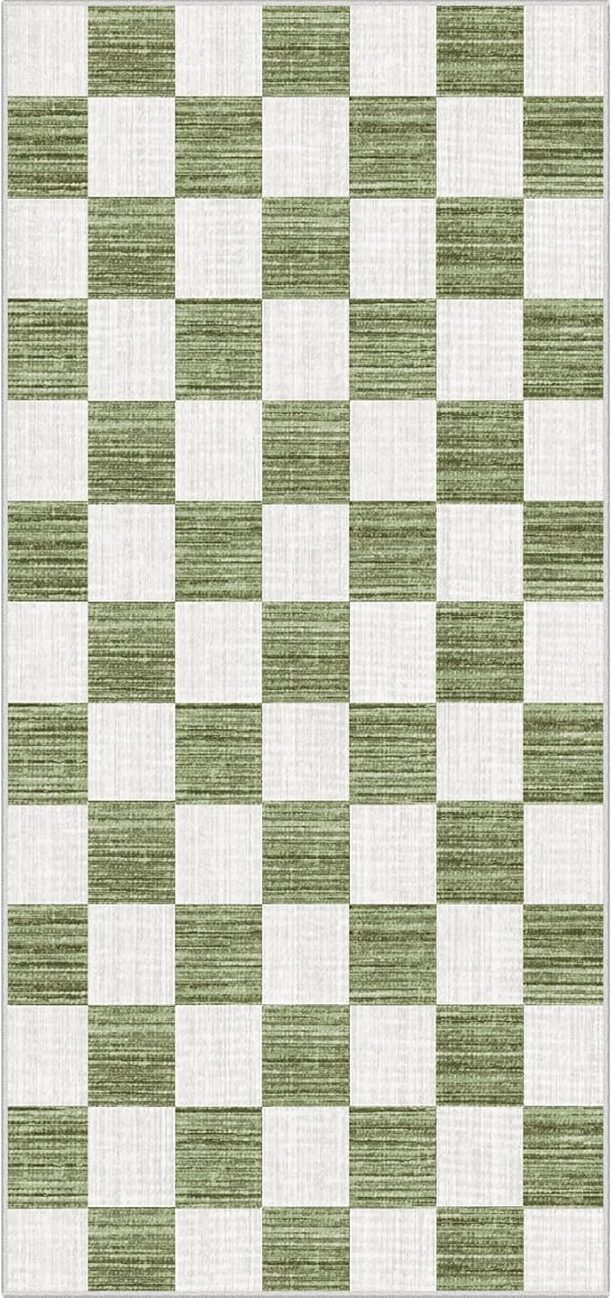 Front Door Mat Indoor Entrance - 2x4.3 Ft Green White Non-Slip Washable Doormat Outdoor Entrance Porch Rug Checkered Runner Rug for Kitchen Hallway Bedroom Laundry Room Porch Decor