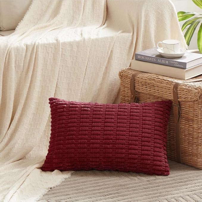 Fancy Homi 4 Packs Burgundy Decorative Throw Pillow Covers 12x20 Inch for Living Room Couch Bed, Holiday Christmas Home Decor Gift, Soft Plush Corduroy Cute Square Accent Cushion Case 30x50 cm