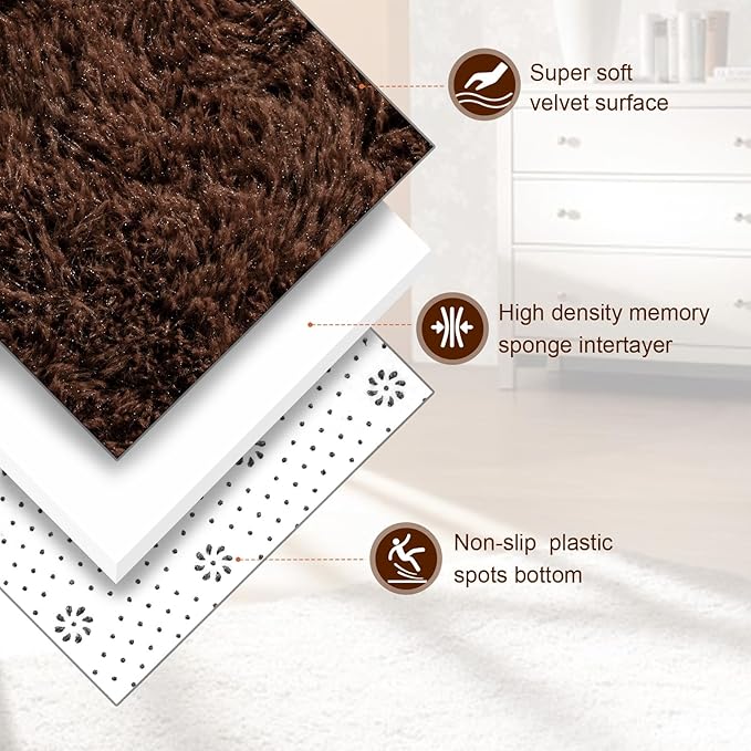 TWINNIS Super Soft Shaggy Rugs Fluffy Carpets, 5x8 Feet, Indoor Modern Plush Area Rugs for Living Room Bedroom Kids Room Nursery Home Decor, Upgrade Anti-Skid Rectangular Fuzzy Rug, Brown