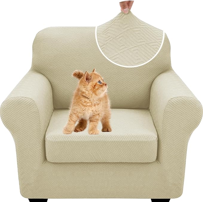XINEAGE New 2 Pieces Chair Covers with Arms Super Stretch Chair Slipcover for Living Room Pet Dog Universal Slip Cover Anti Slip Armchair Furniture Protector (Light Beige), 31"-46"(1 Cushion)