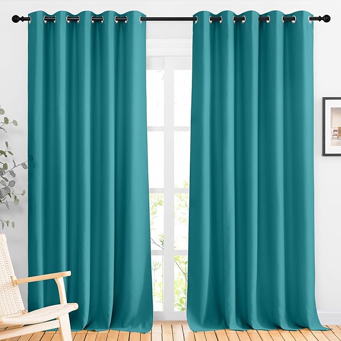 NICETOWN Bedroom Blackout 110 inch Curtains for Sliding Glass Door, Grommet Thermal Insulated Solid Window Treatments Sound Reducing for Living Room, W66 x L110, Peacock Teal, Set of 2
