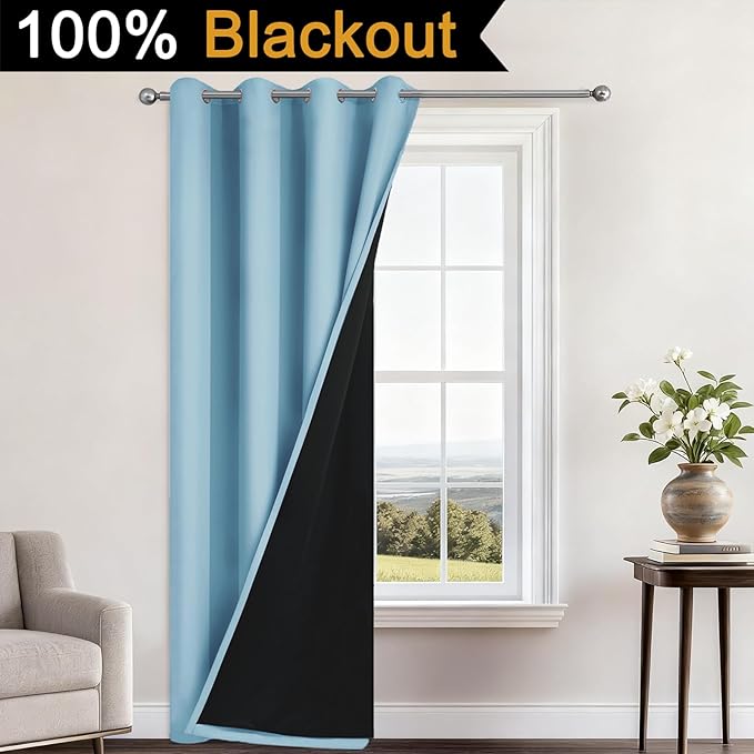 Yakamok 100% Blackout Curtains 84 Inches Long, 2 Thick Layers Heat and Full Light Blocking Soft Thermal Insulated Drapes for Bedroom(52" Wide Each Panel, Sky Blue, 1 Panel)