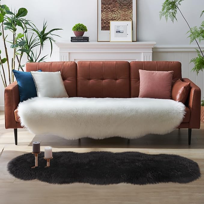 Faux Fur Rug for Bedroom, Fluffy Runner Rugs Soft Sheepskin Rug Sofa Couch Seat Cushion, 2x6ft Black Plush Area Rug Shag Rugs Floor Carpets for Nursery Bedside, Cute Shaggy Fuzzy Home Decor