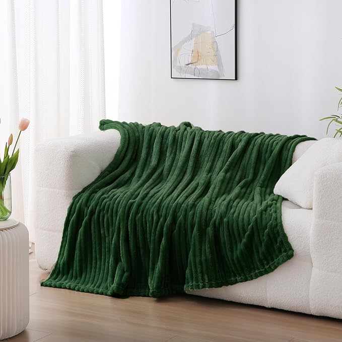 Green Fleece Throw Blanket 90”×90” for Couch Sofa Bed,Super Soft Cozy Plush Microfiber Flannel Blanket with Stripes Design Lightweight for Adults,Woman,Girls