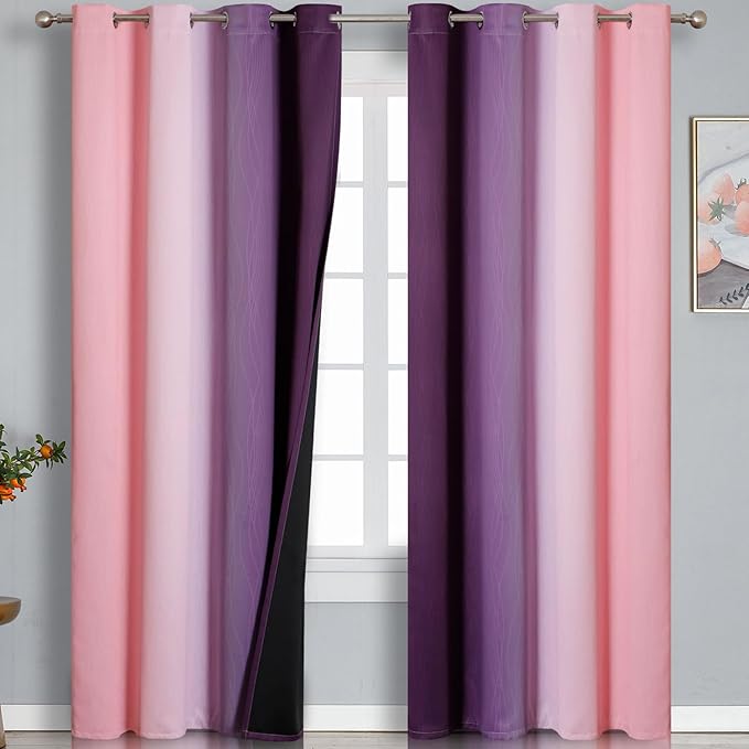 Estelar Textiler Purple and Pink Ombre Blackout Curtains 102 Inches Long 2 Panels Set, Thermal Insulated Drapes for Bedroom, Full Light Blocking Grommet Gradient Curtains for Living Room, 52Wx102L