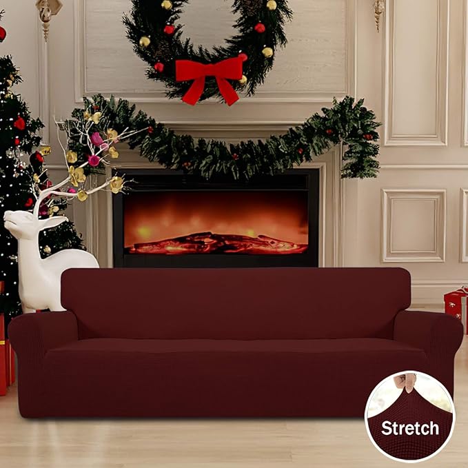 Easy-Going Stretch 4 Seater Sofa Slipcover 1-Piece Sofa Cover Furniture Protector Couch Soft with Elastic Bottom for Kids, Polyester Spandex Jacquard Fabric Small Checks Wine