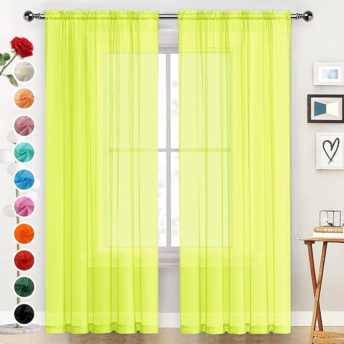 SpaceDresser Basic Rod Pocket Sheer Voile Window Curtain Panels Chartreuse 1 Pair 2 Panels 52 Width 72 Inch Long for Kitchen Bedroom Children Living Room Yard（Chartreuse, 52W x 72L）