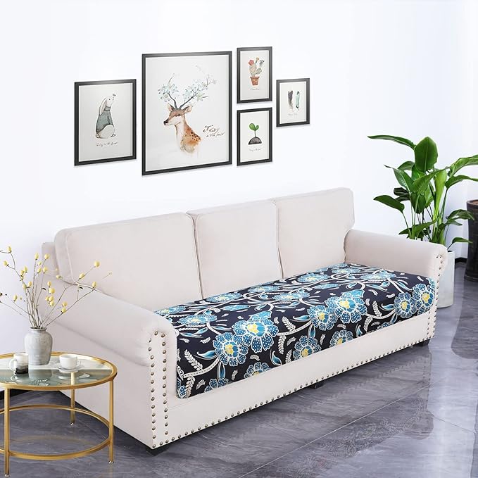 hyha Printed Couch Cushion Covers, Floral Sofa Covers Washable for 3 Cushion Couch, Stretch Pattern Outdoor Cushion Covers for Patio Furniture with Elastic Bottom(Large, Bluebell)