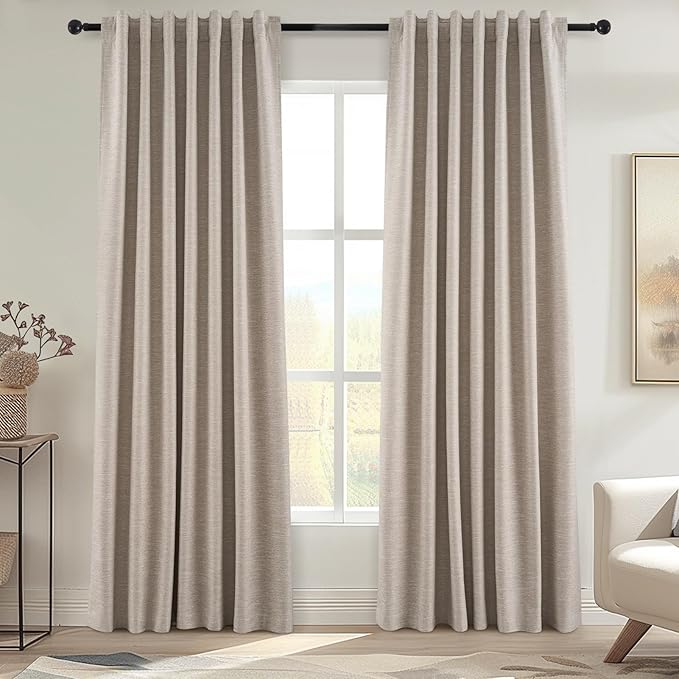 Linen Blackout Curtains 120 Inches Long for Bedroom 100% Black Out Luxury Farmhouse Ceiling Track Curtains with Hooks Drapes for Sliding Glass Patio Doors Inside 10 ft Large Window (W52 xL120 2Panels)