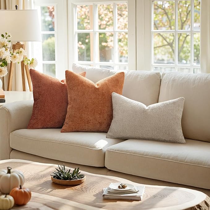 MIULEE Pack of 2 Fall Orange Decorative Pillow Covers 20x20 Inch Soft Chenille Couch Throw Pillows Farmhouse Cushion Covers for Home Decor Sofa Bedroom Living Room