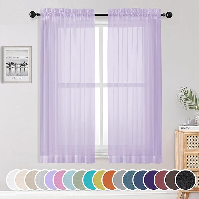 OWENIE Light Purple Sheer Curtains 63 inch Length 2 Panels Set, Rod Pocket Light Filtering Fimly Sheer Curtains for Bedroom Living Room, Soft Solid Color Voile Sheer Curtains, 42Wx63L inch
