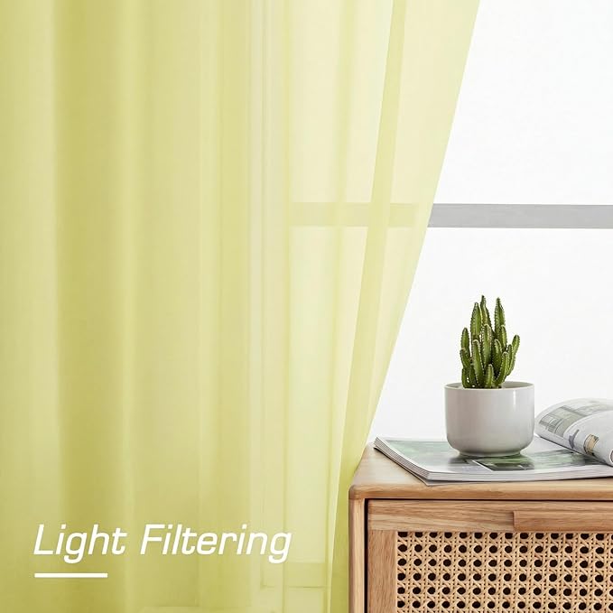 OWENIE Short Sheer Curtains for Bedroom Living Room 54 Inch Length 2 Panels Set, Soft Solid Light Filtering Sheer Curtain for Small Window, 2 Pcs Total 84 Width 54 Long, Light Yellow
