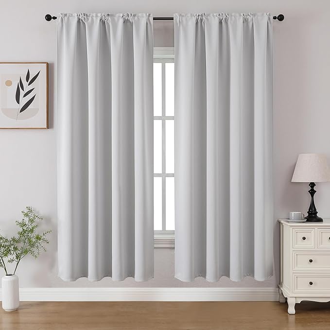 CUCRAF Grayish White Blackout Curtains 63 inch Length 2 Panels Set, Rod Pocket Room Darkening Drapes for Bedroom Living Room, Insulated Thermal Light Blocking Window Curtain (W52 x L63 Inch)