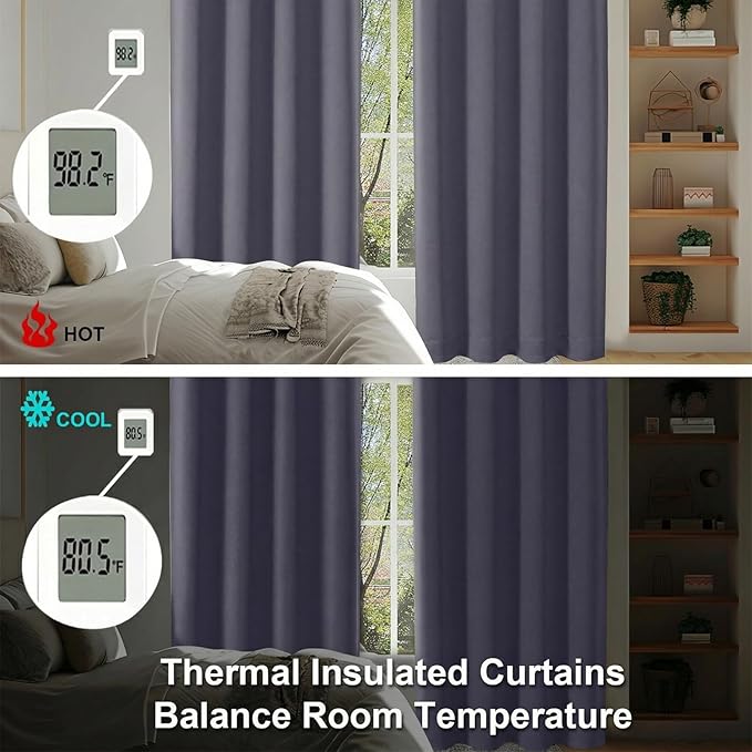 Simplebrand Ava Greyish Purple Blackout Curtains for Bedroom 63 Inch Length 2 Panels Set, Privacy Thermal Insulated Rod Pocket Door Window Curtains for Patio French Door Front Door, W40 x L63 Inch