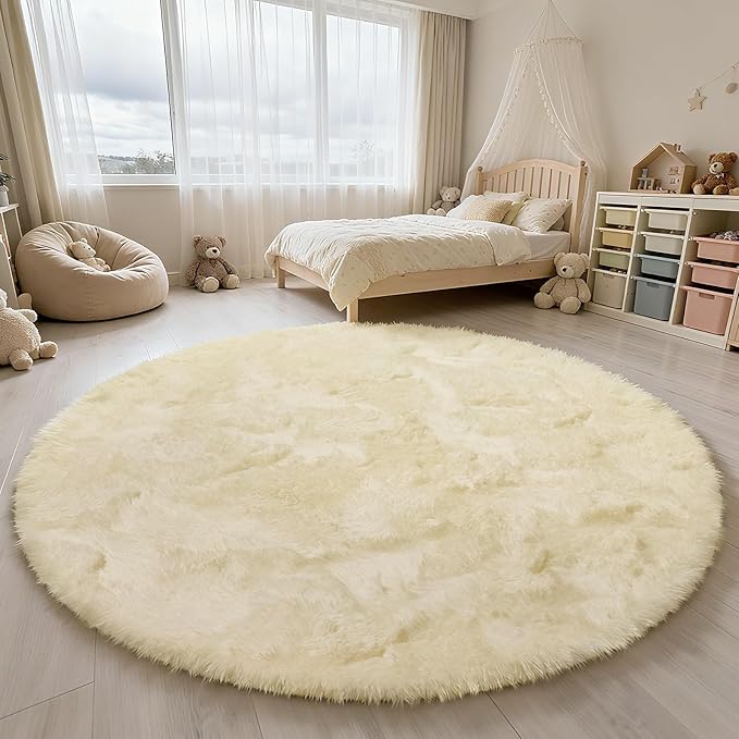 yulidayang Fluffy Round Area Rugs for Bedroom,Ivory 6'X6'Shag Circle Area Rugs for Girls Room,Non Slip Fuzzy Plush Rug for Kids Room Living Room and Dorm Home Rug