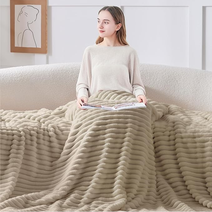 BEDELITE Twin Blanket for Couch & Bed, 300GSM Soft & Warm Fleece Blanket, Decorative and Giftable Striped Linen Blankets for Women, Men, 60"x80"