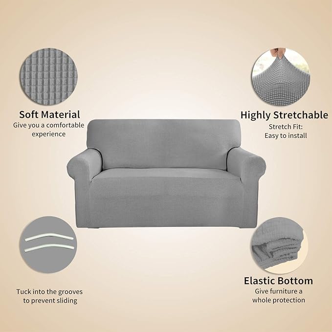 Easy-Going Stretch 4 Seater Sofa Slipcover 1-Piece Sofa Cover Furniture Protector Couch Soft with Elastic Bottom for Kids, Polyester Spandex Jacquard Fabric Small Checks Light Gray