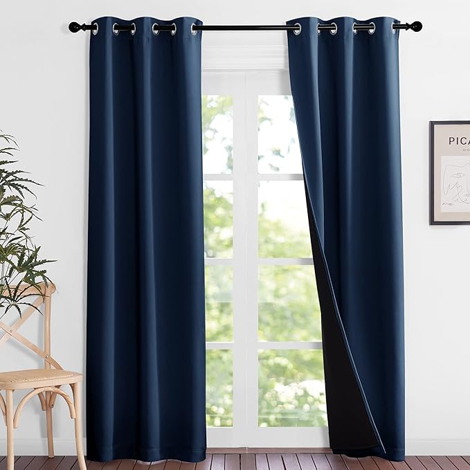 NICETOWN Complete 100% Blackout Curtain Set, Thermal Insulated & Energy Efficiency Window Draperies for Guest Room, Full Shading Panels for Shift Worker and Light Sleepers, Navy Blue, 37W x 84L, 2 Pcs