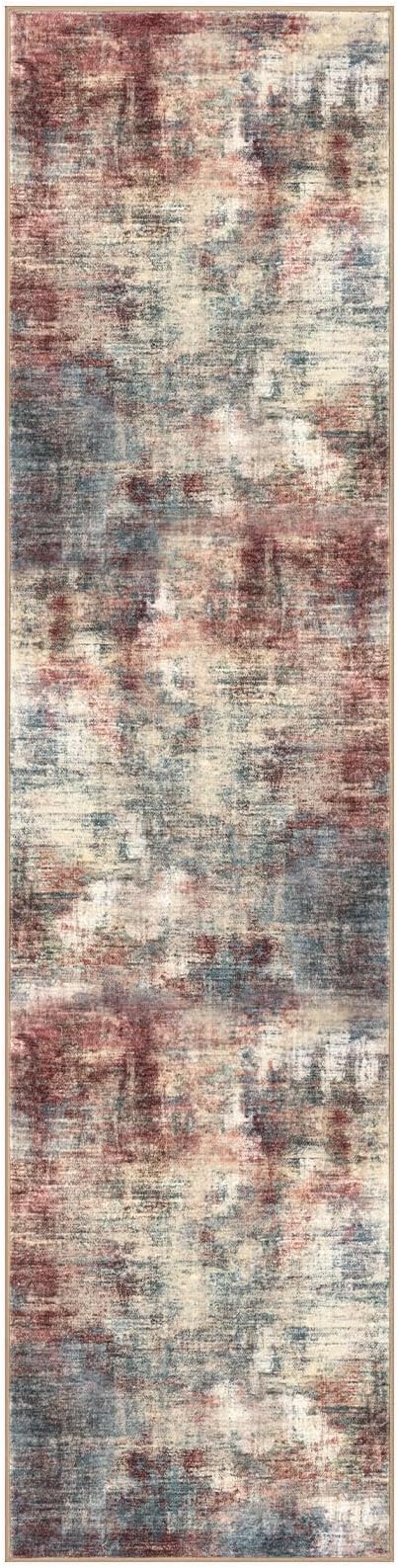 IOHOUZE Abstract Runner Rug 3x12 Ft Washable Runners for Hallways, Non Slip Kitchen Runner Printed Faux Wool Entryway Runner Indoor, Modern Abstract Floor Carpet for Hall Kitchen, Red/Multi