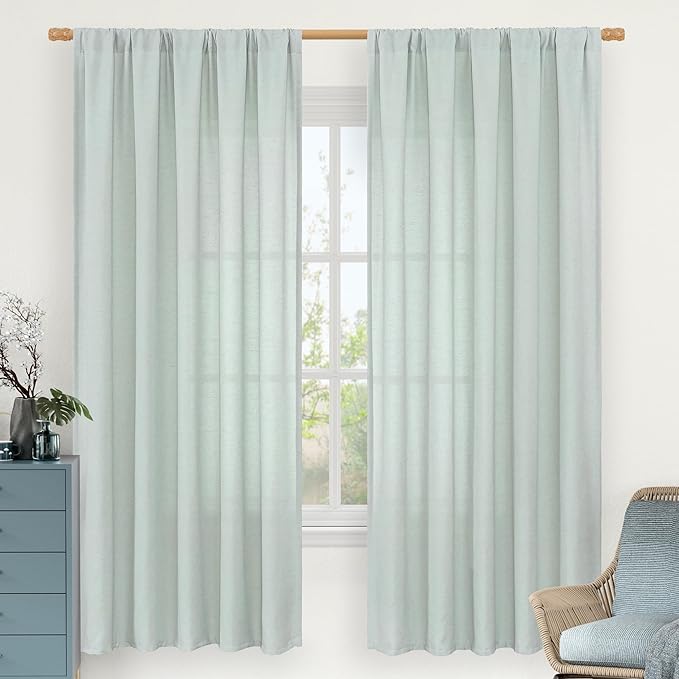 LAMIT Linen Blended Curtains 72 inch for Bedroom, Linen Textured Light Filtering Drapes Rod Pocket Boho Neutral Panels for Farmhouse/Living Room, 2 Panels, 52 x 72 Inch, Light Blue