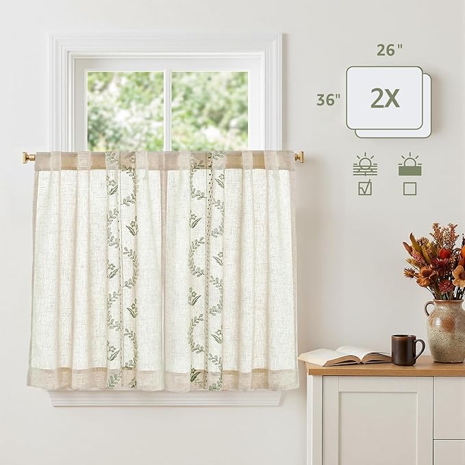 jinchan Belrose Linen Floral Kitchen Curtains 36 inch Length Embroidered Farmhouse Cafe Curtains for Living Room Bathroom Small Windows Curtain Set Sheer Light Filtering 2 Panels Sage Green