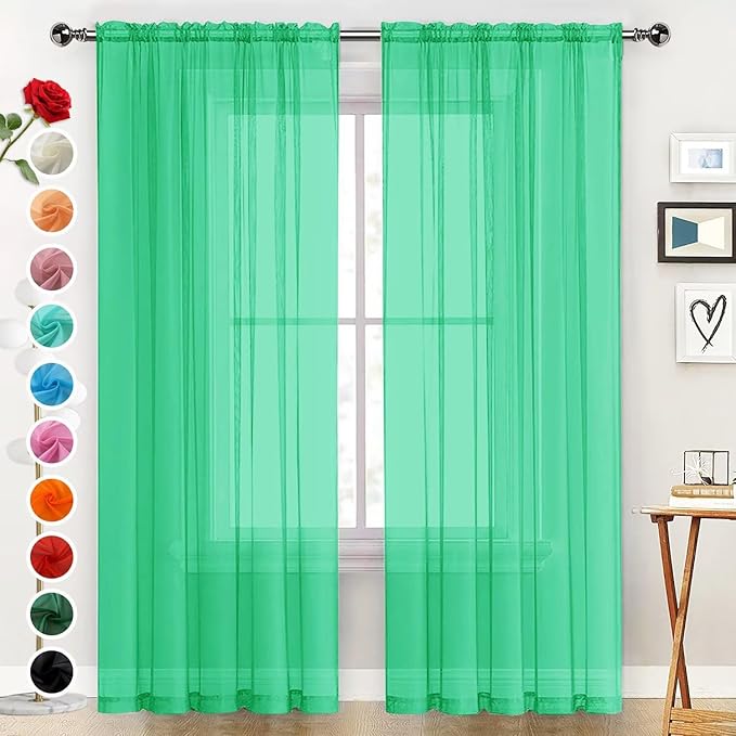SpaceDresser Basic Rod Pocket Sheer Voile Window Curtain Panels Grass Green 1 Pair 2 Panels 52 Width 72 Inch Long for Kitchen Bedroom Children Living Room Yard（Grass Green, 52W x 72L）