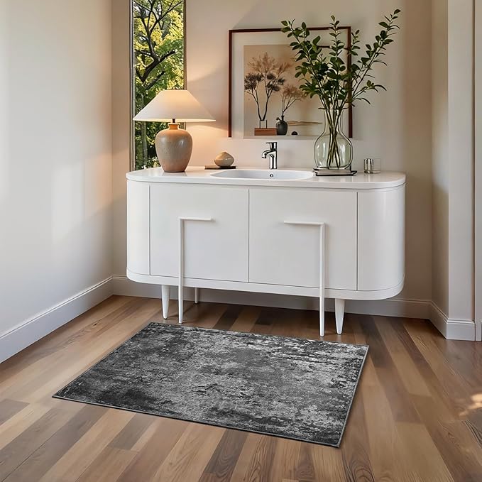 Entrance Rugs Indoor 2x3 Black Entry Rug Washable Abstract Black Small Area Rug Non-Slip Low Pile Throw Rugs for Entryway, Kitchen Floor, Front Door Indoor Door Mat, Bathroom, Bedroom Bedside