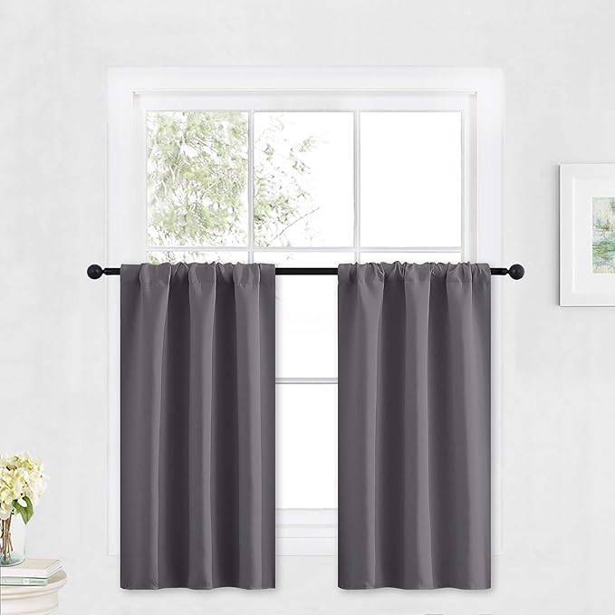 RYB HOME Blackout Cafe Curtains 30 inch Length, Short Light UV Heat Blocking Energy Saving Privacy Curtain Tiers for Basement Bathroom Kitchen Window, Width 29 by Length 30, Grey, 2 Panels
