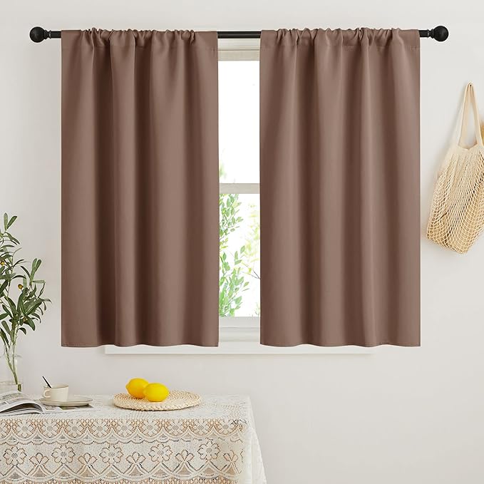 RYB HOME Short Blackout Curtains for Bedroom, Room Darkening Insulated Summer Heat Light UV Blocking Energy Saving Drapes for Nursery, Width 42 by Length 48, Mocha, Set of 2