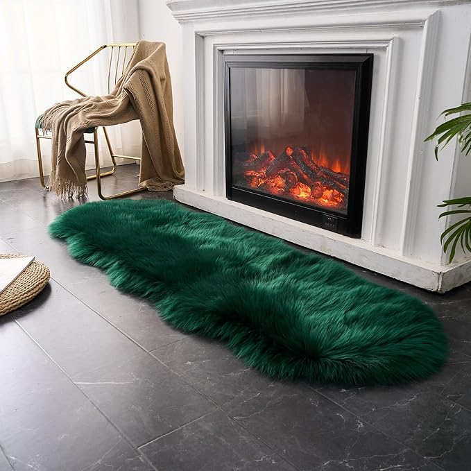 EasyJoy Ultra Soft Fluffy Shaggy Area Rug Faux Fur Rug Chair Cover Seat Pad Fuzzy Area Rug for Bedroom Floor Sofa Living Room (2 x 6 ft Sheepskin, Dark Green)