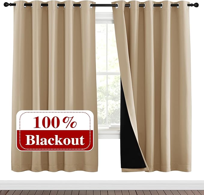 NICETOWN Living Room Completely Shaded Draperies, Privacy Protection & Noise Reducing Ring Top Drapes, Black Lined Insulated Window Treatment Curtain Panels(Biscotti Beige, 2 Pieces, W70 x L72)