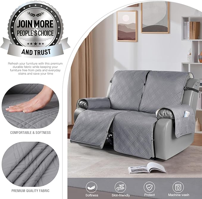 TAOCOCO 100% Waterproof Oversized Loveseat Recliner Cover, Non Slip Split Couch Covers for Reclining Loveseat with Elastic Straps for Kids Pets(Oversized 2 Seater, Gray)
