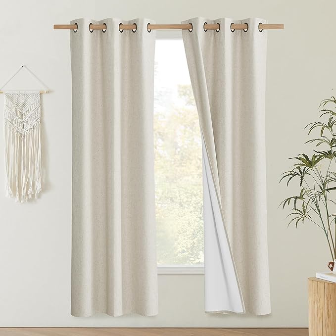 NICETOWN Natural Thick Linen Blend 100% Blackout Curtains 70" Long 2 Panels Set for Bedroom, 34" Wide, Rustic Grommet Thermal Insulated Flax Textured Full Blackout Window Draperies with White Liners