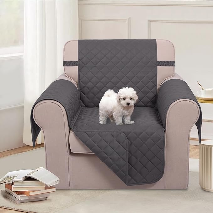 U-NICE HOME Reversible Oversized Chair Covers Quilted Water Repellent Pet Protectors with Elastic Straps(28''Armchair, Dark Grey/Dark Grey)
