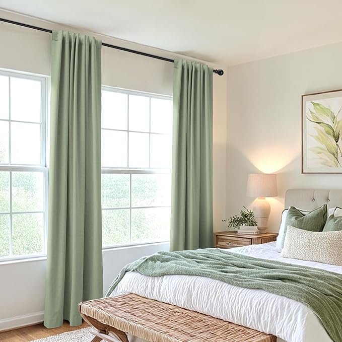 100% Blackout Shield Linen Blackout Curtains for Bedroom 96 Inches Long, Back Tab/Rod Pocket Living Room Drapes, Thermal Insulated Blackout Curtains 2 Panels Set, 50" W x 96" L, Sage