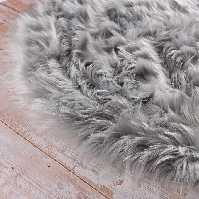 ORINOVA Silver Grey Washable Shaggy Round Rugs 6.6ft Large Faux Sheepskin Fur Rugs for Living Room Bedroom Circle Nursery Rug